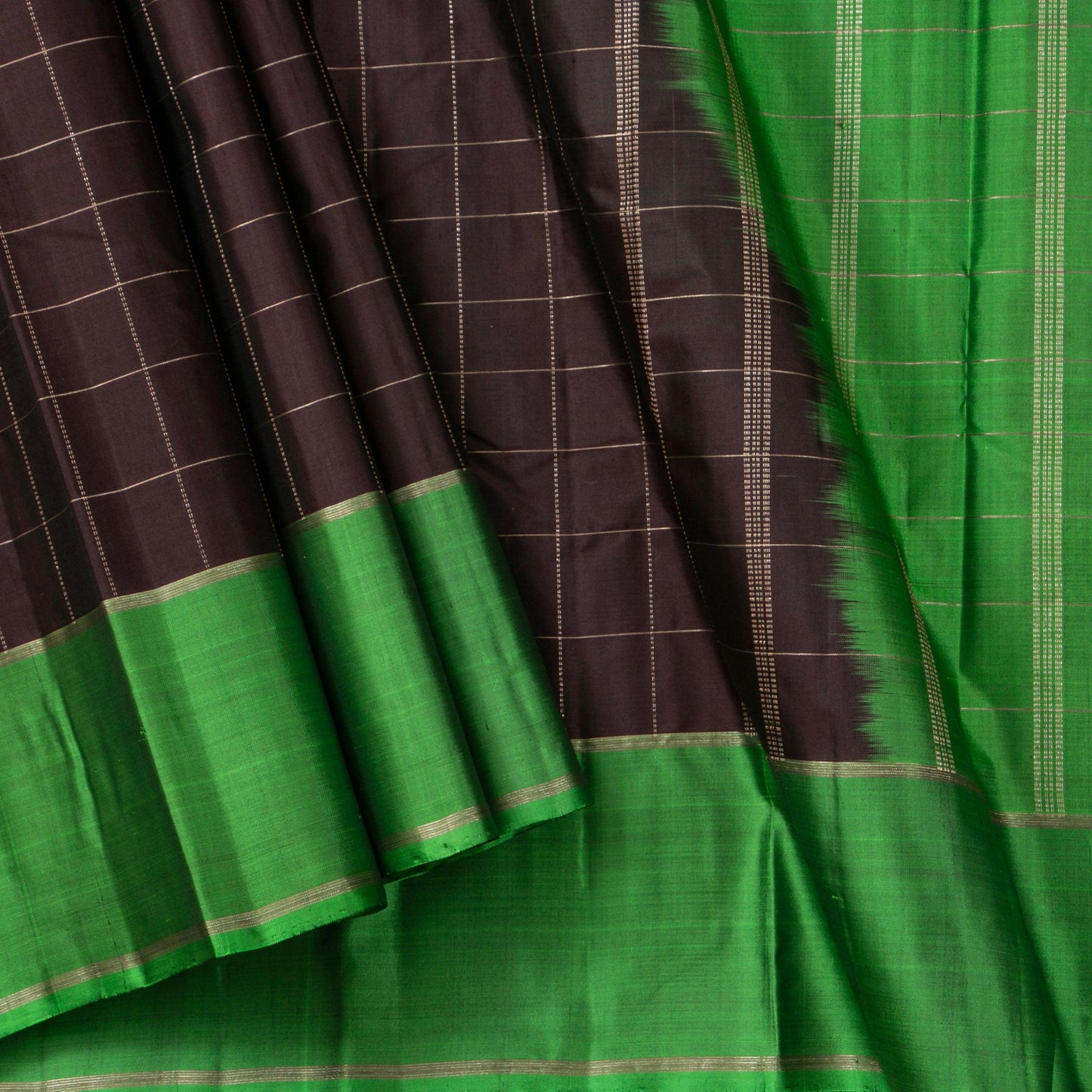 Brown And Green Light Weight Kanchipuram Silk Saree For Festive Wear PV 2043 - Silk Sari - Panjavarnam PV 2043