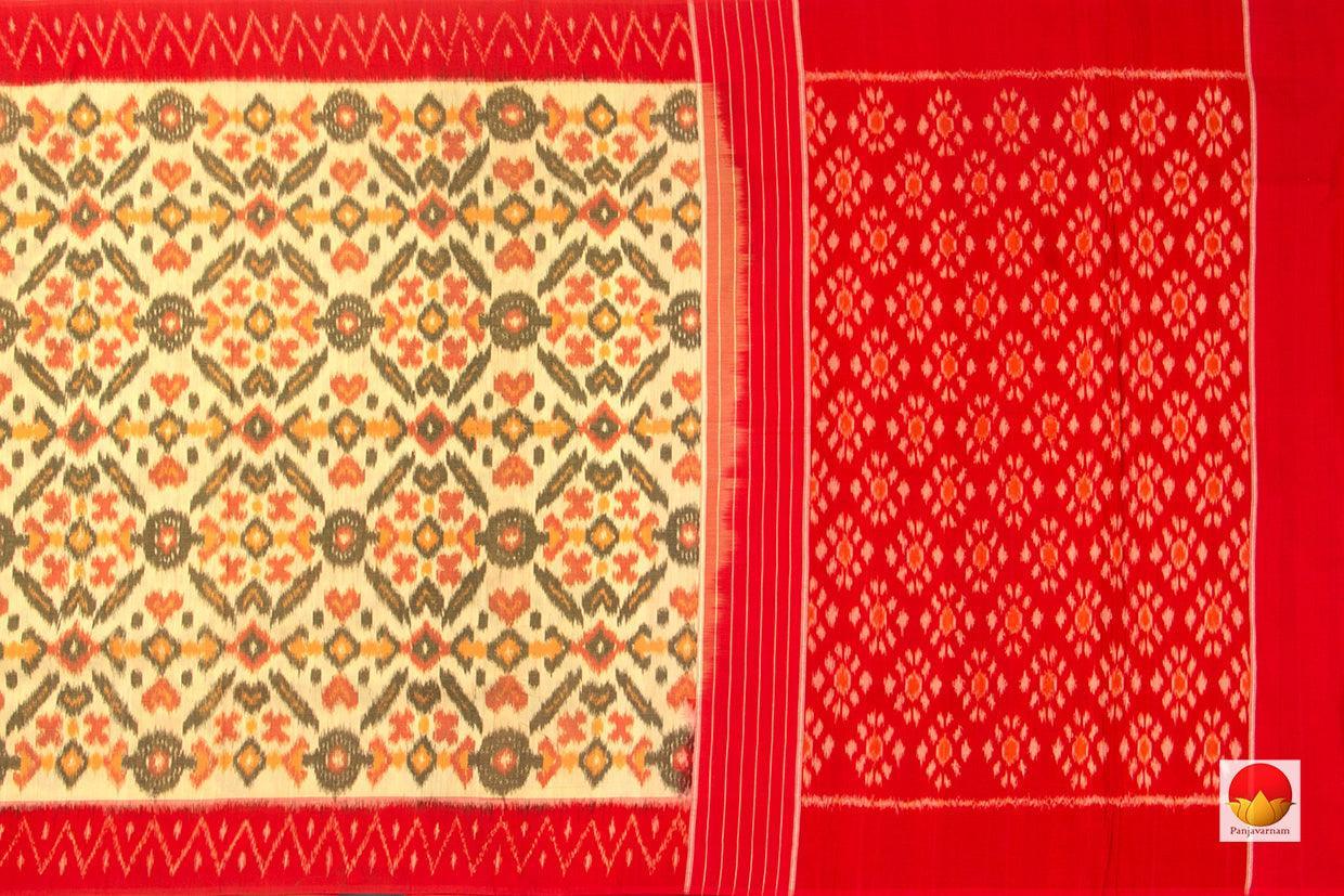 Cream And Red Pochampally Ikkat Cotton Saree Handwoven SC 156 - Cotton Saree - Panjavarnam SC 156