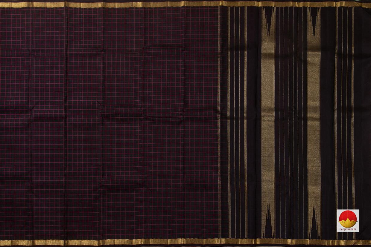 Dark Purple Kanchipuram Silk Saree With Magenta And Green Checks Handwoven Pure Silk Pure Zari For Wedding Wear PV NYC 587 - Silk Sari - Panjavarnam PV NYC587