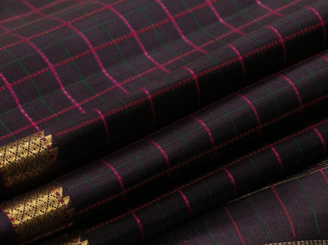 Dark Purple Kanchipuram Silk Saree With Magenta And Green Checks Handwoven Pure Silk Pure Zari For Wedding Wear PV NYC 587 - Silk Sari - Panjavarnam PV NYC587