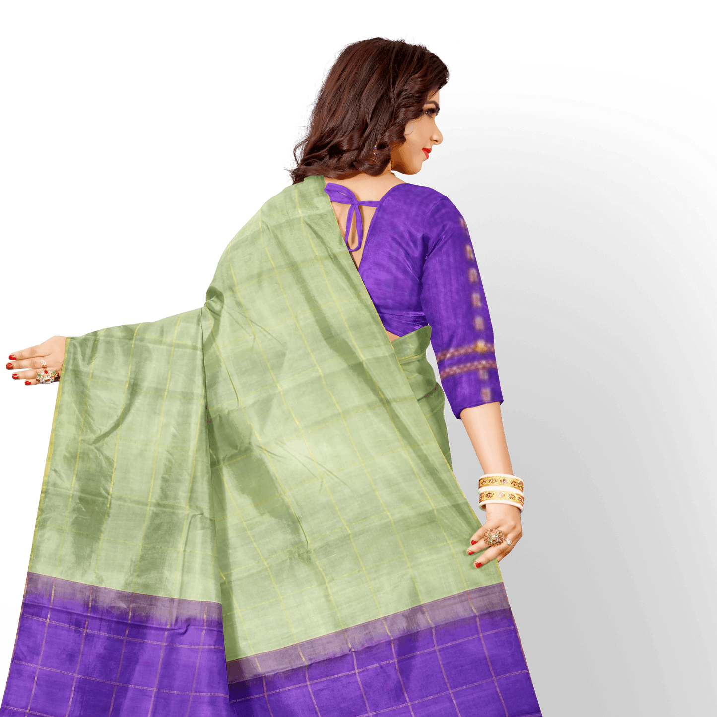 Elachi Green And Violet Kanchipuram Borderless Silk Saree Handwoven Pure Silk Pure Zari For Festive Wear PV NYC 1408 - Silk Sari - Panjavarnam PV NYC 1408