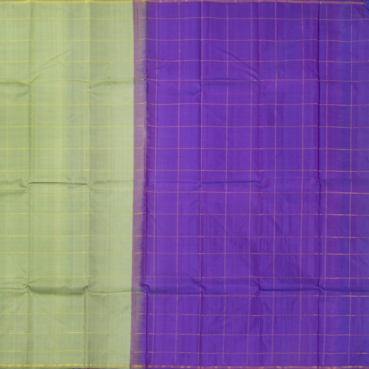 Elachi Green And Violet Kanchipuram Borderless Silk Saree Handwoven Pure Silk Pure Zari For Festive Wear PV NYC 1408 - Silk Sari - Panjavarnam PV NYC 1408