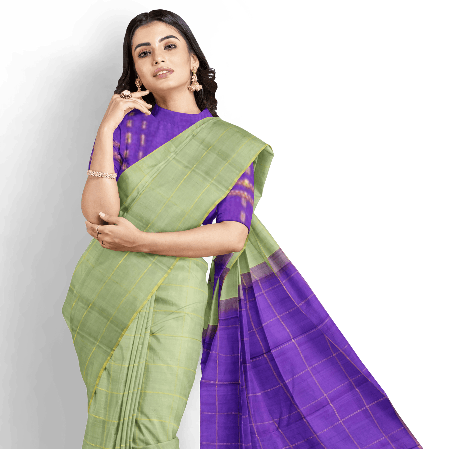 Elachi Green And Violet Kanchipuram Borderless Silk Saree Handwoven Pure Silk Pure Zari For Festive Wear PV NYC 1408 - Silk Sari - Panjavarnam PV NYC 1408