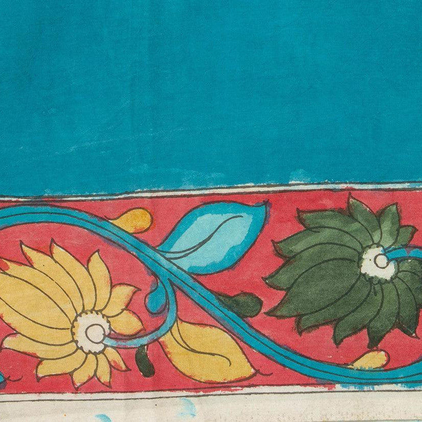 Green And Blue Kalamkari Bangalore Silk Saree With Zari Border Handpainted Organic Dyes For Office Wear PKBS 568 - Kalamkari Silk - Panjavarnam PKBS 568