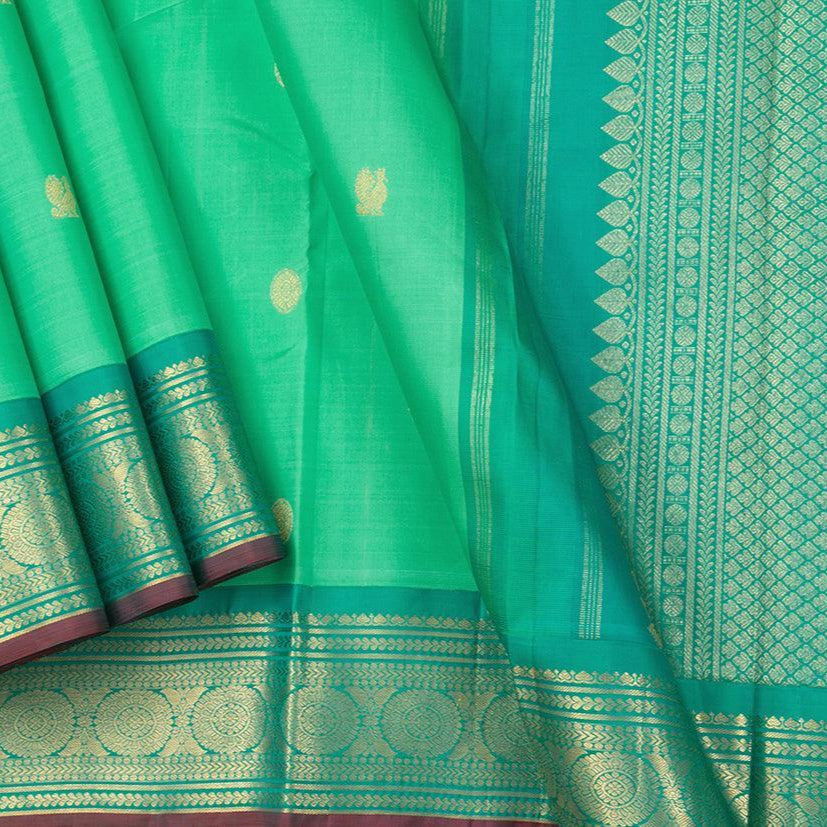 Green And Blue Kanchipuram Silk Saree Handwoven Pure Silk Pure Zari For Festive Wear PV J 3152 - Silk Sari - Panjavarnam PV J 3152