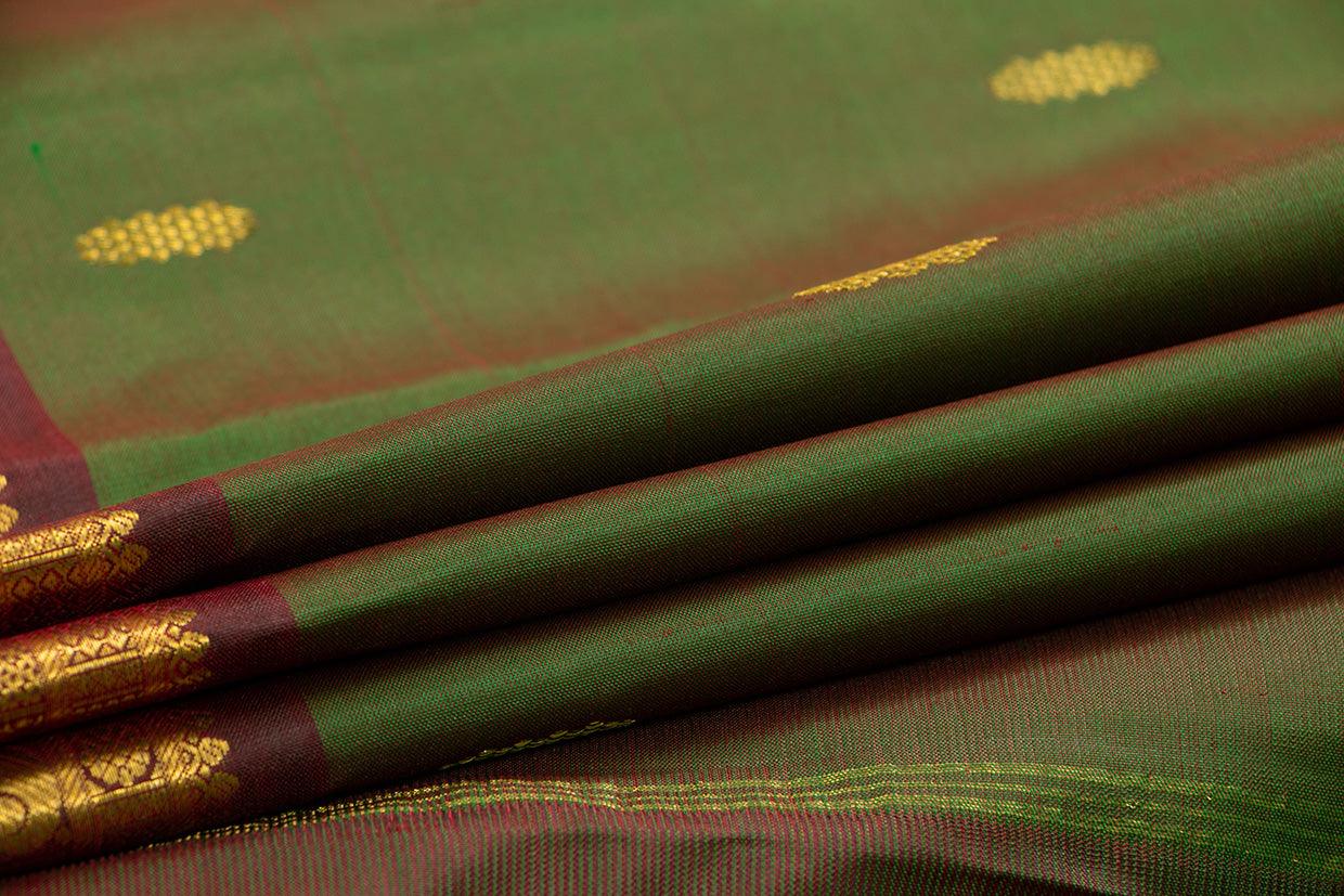 Green And Brown Kanchipuram Silk Saree With Short Border Handwoven Pure Silk For Festive Wear PV J 394 - Silk Sari - Panjavarnam