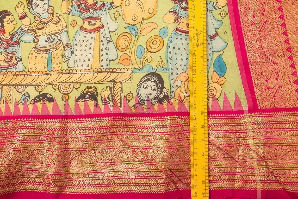 Green And Pink Handpainted Kalamkari Kanchipuram Silk Saree Village Theme Pure Zari PV VSR KK 101 - Kalamkari Silk - Panjavarnam PV VSR KK 101