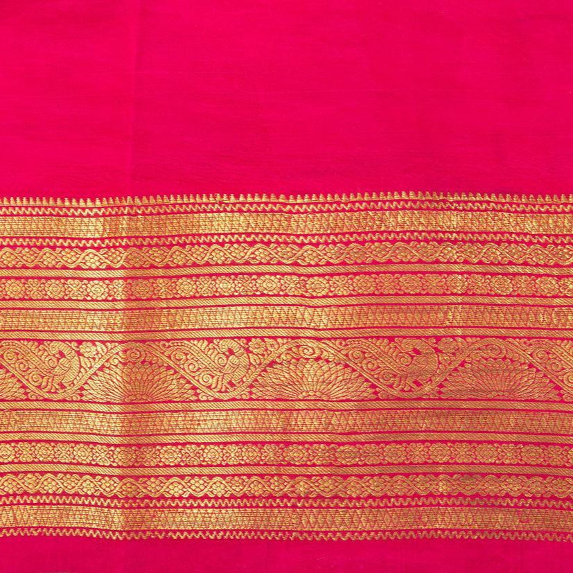 Green And Pink Handpainted Kalamkari Kanchipuram Silk Saree Village Theme Pure Zari PV VSR KK 101 - Kalamkari Silk - Panjavarnam PV VSR KK 101