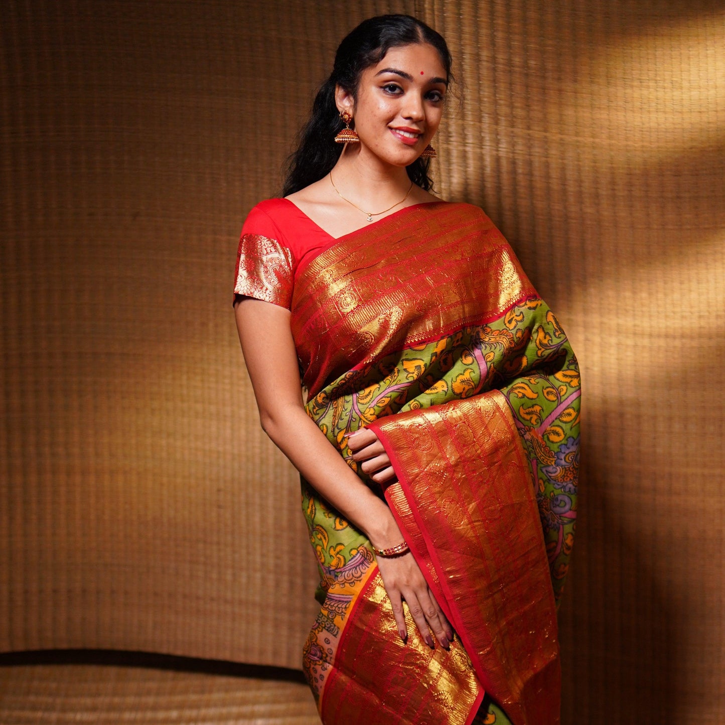 Green And Red Handpainted Kalamkari Kanchipuram Silk Saree Krishna Leela Theme Pure Zari PV VSR KK 105 - Kalamkari Silk - Panjavarnam PV VSR KK 105