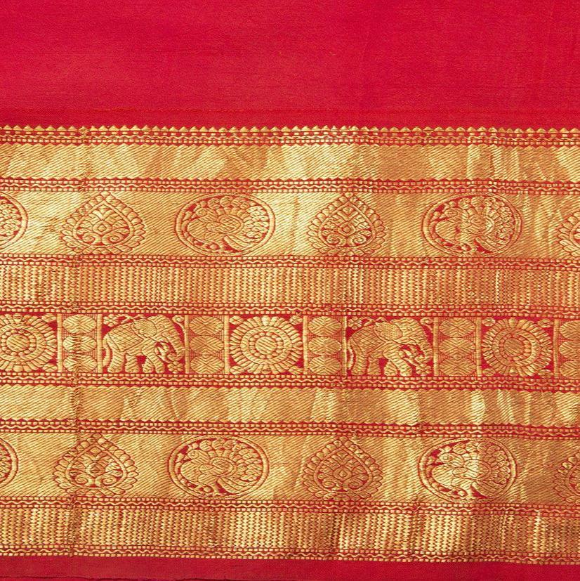 Green And Red Handpainted Kalamkari Kanchipuram Silk Saree Krishna Leela Theme Pure Zari PV VSR KK 105 - Kalamkari Silk - Panjavarnam PV VSR KK 105