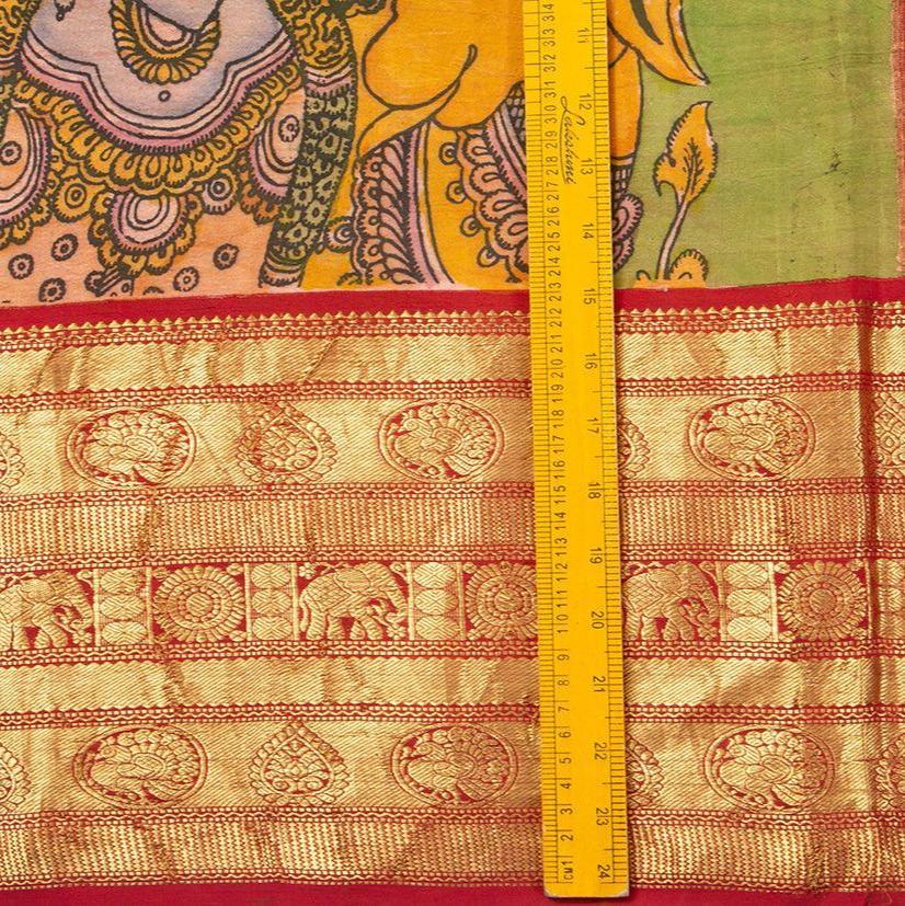 Green And Red Handpainted Kalamkari Kanchipuram Silk Saree Krishna Leela Theme Pure Zari PV VSR KK 105 - Kalamkari Silk - Panjavarnam PV VSR KK 105