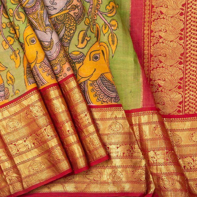 Green And Red Handpainted Kalamkari Kanchipuram Silk Saree Krishna Leela Theme Pure Zari PV VSR KK 105 - Kalamkari Silk - Panjavarnam PV VSR KK 105