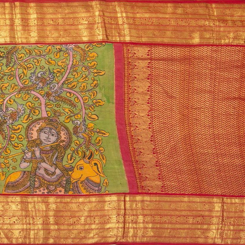 Green And Red Handpainted Kalamkari Kanchipuram Silk Saree Krishna Leela Theme Pure Zari PV VSR KK 105 - Kalamkari Silk - Panjavarnam PV VSR KK 105