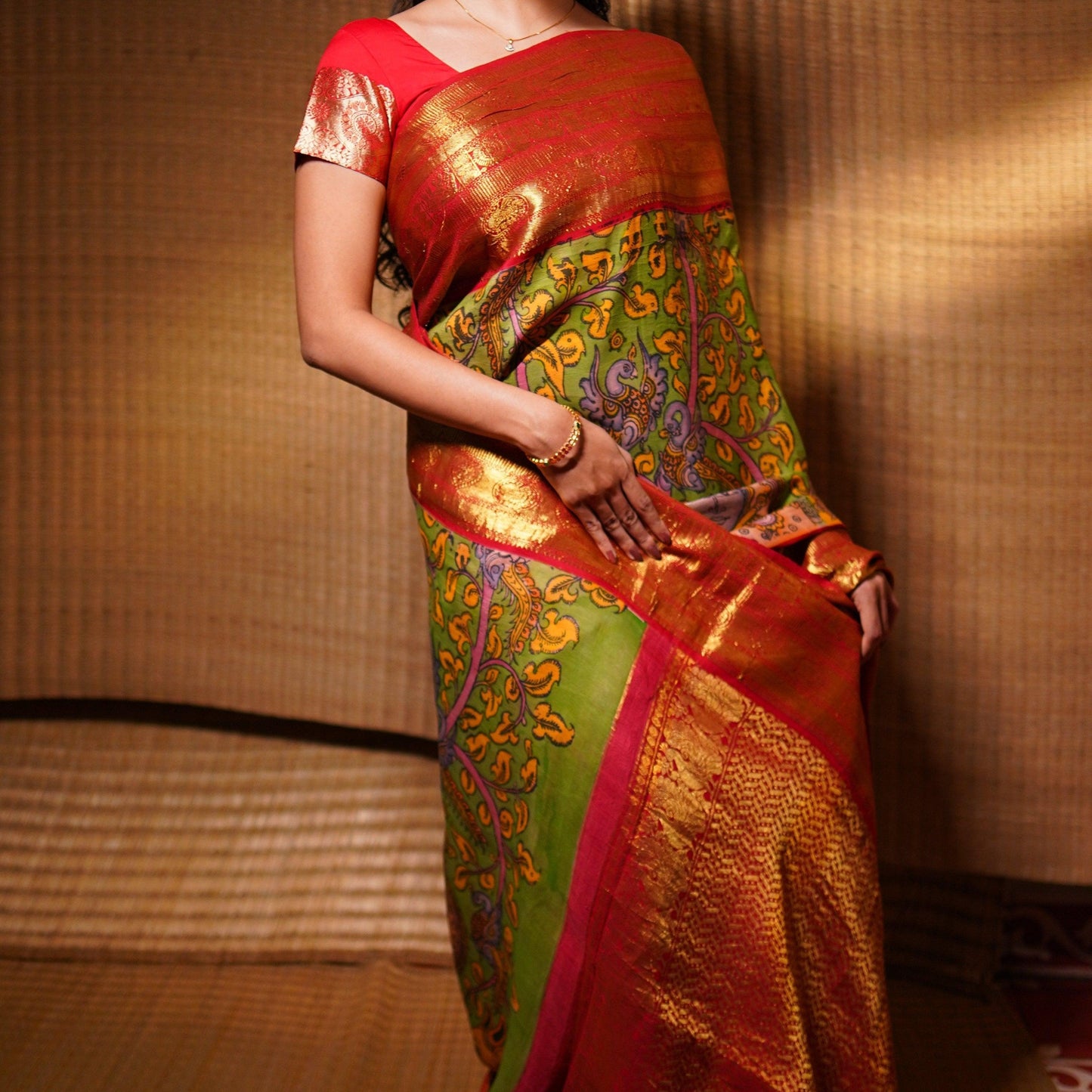 Green And Red Handpainted Kalamkari Kanchipuram Silk Saree Krishna Leela Theme Pure Zari PV VSR KK 105 - Kalamkari Silk - Panjavarnam PV VSR KK 105