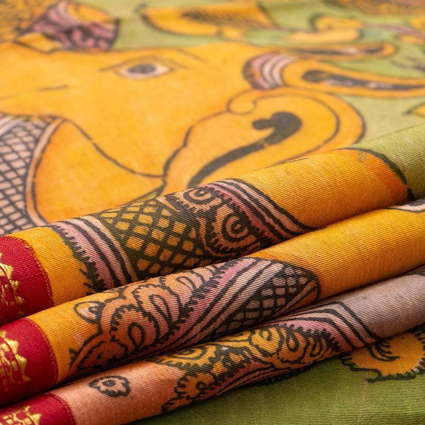 Green And Red Handpainted Kalamkari Kanchipuram Silk Saree Krishna Leela Theme Pure Zari PV VSR KK 105 - Kalamkari Silk - Panjavarnam PV VSR KK 105