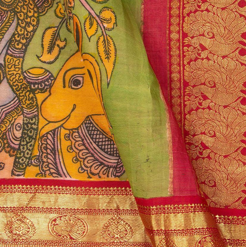Green And Red Handpainted Kalamkari Kanchipuram Silk Saree Krishna Leela Theme Pure Zari PV VSR KK 105 - Kalamkari Silk - Panjavarnam PV VSR KK 105