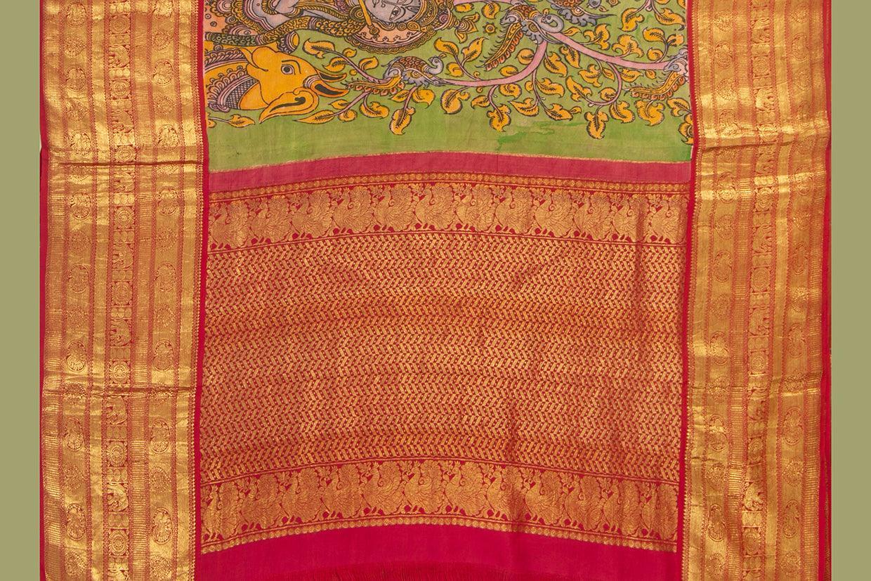 Green And Red Handpainted Kalamkari Kanchipuram Silk Saree Krishna Leela Theme Pure Zari PV VSR KK 105 - Kalamkari Silk - Panjavarnam PV VSR KK 105