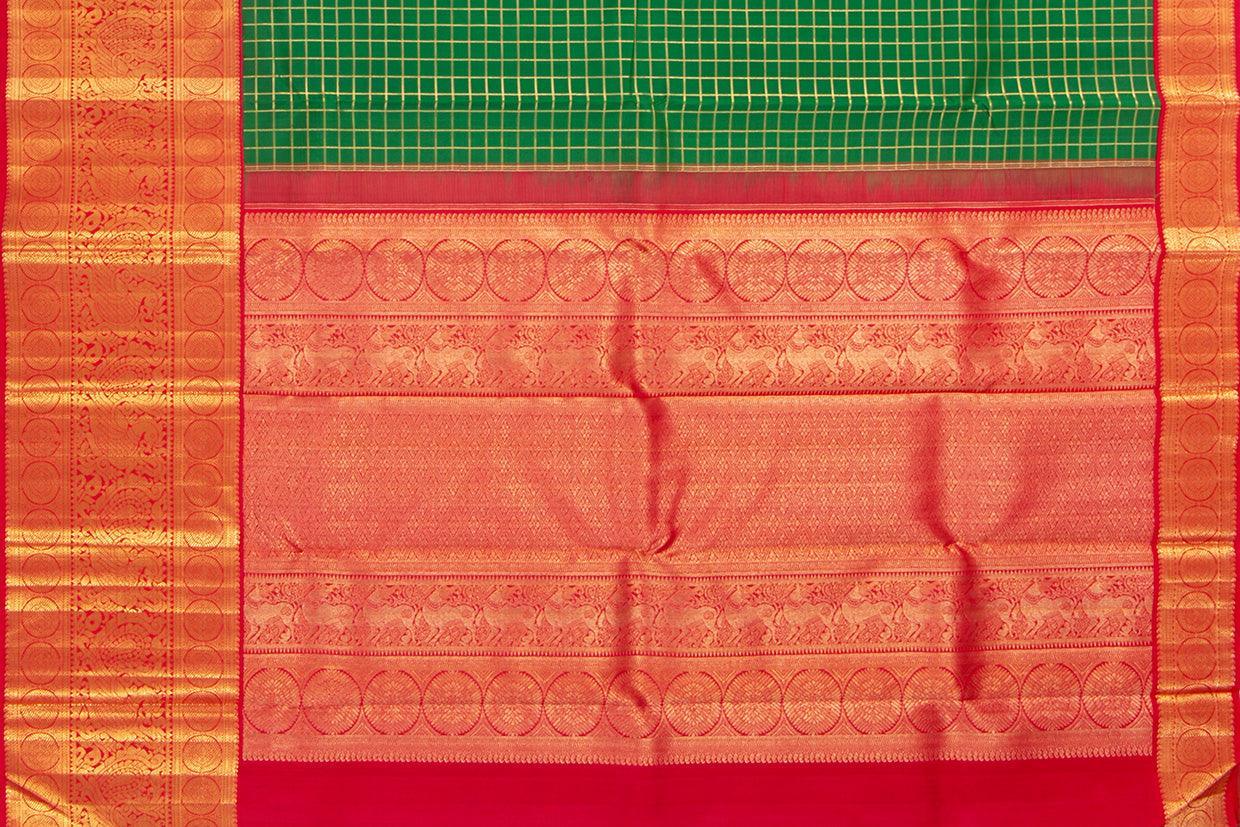 Green And Red Kanchipuram Silk Saree With Gold Zari Checks And Morning Evening Border Handwoven Pure Silk For Wedding Wear PV NYC 1051 - Silk Sari - Panjavarnam PV NYC 1051
