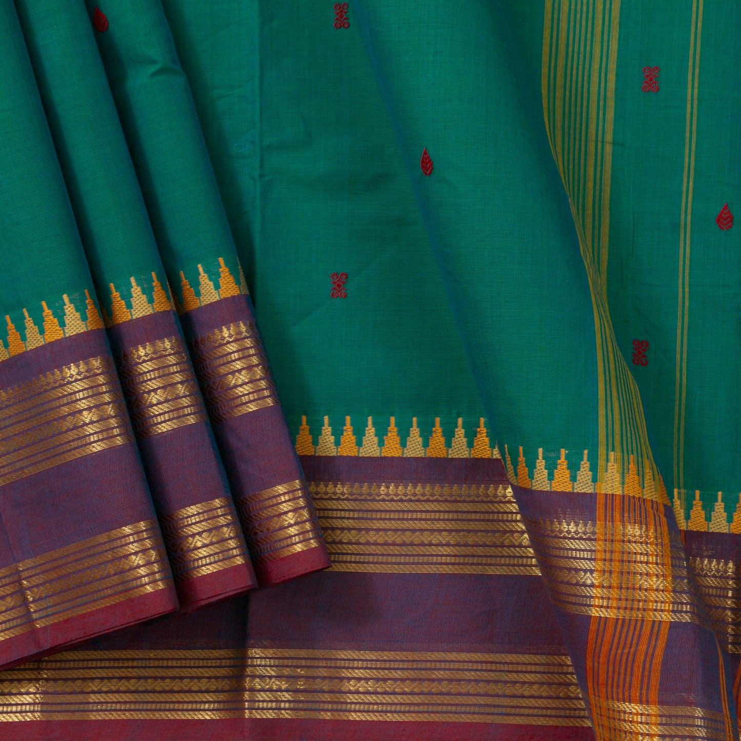 Green Kanchi Cotton Saree Ganga Jamuna Border PV MM KC 207 - Cotton Saree - Panjavarnam PV MM KC 207