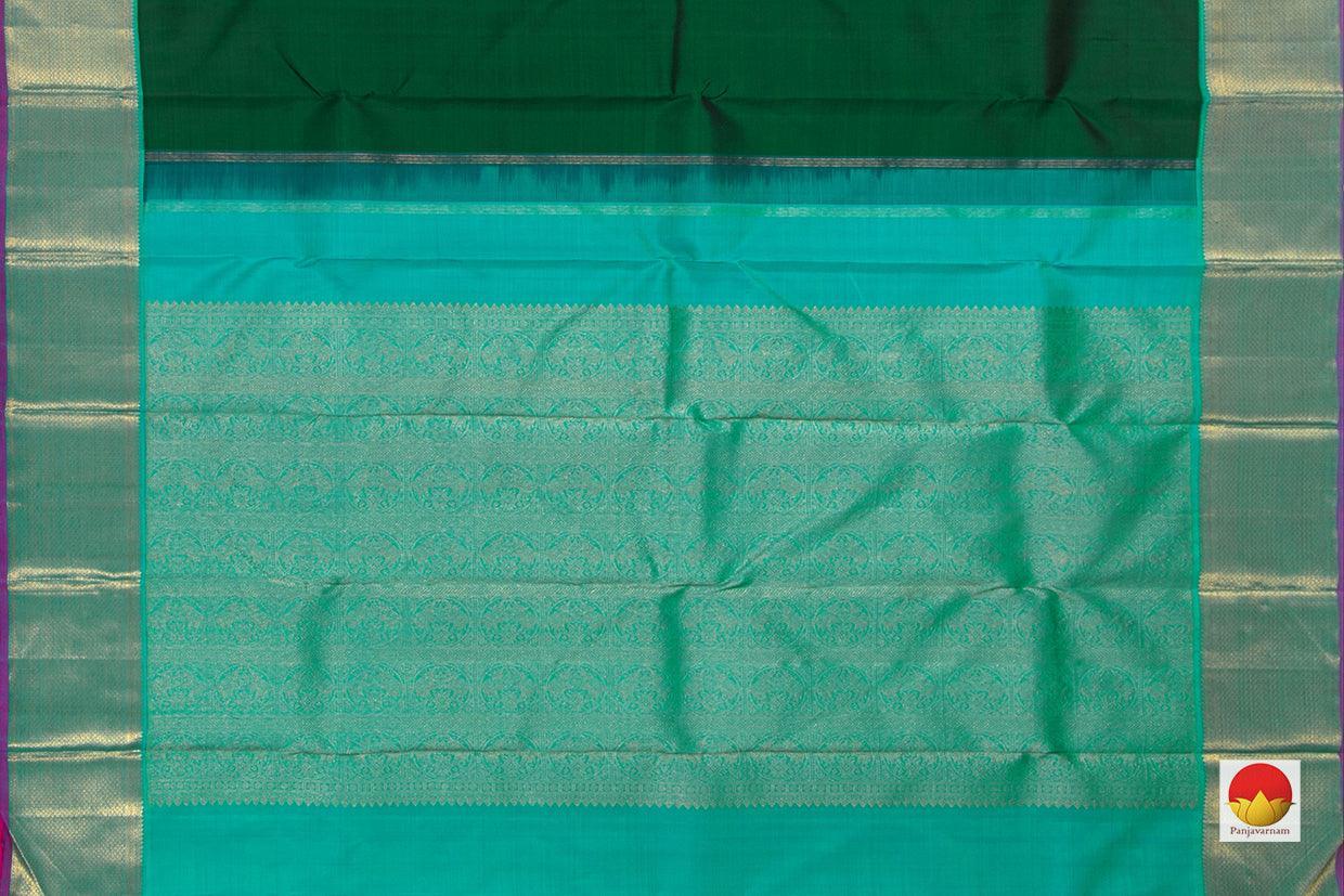 Green Kanchipuram Silk Saree With A Korvai Turquoise Blue Border Handwoven Pure Silk Pure Zari For Festive Wear PV J 850 - Silk Sari - Panjavarnam PV J 850