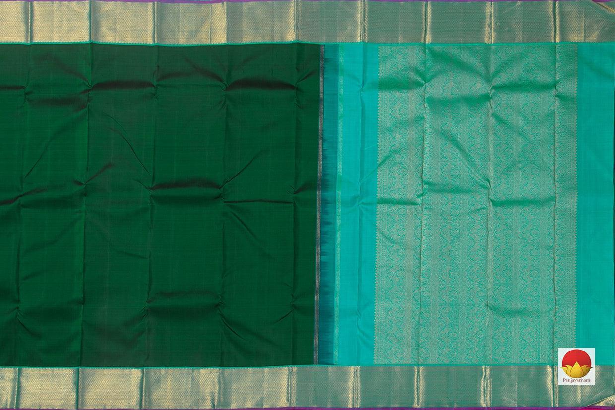 Green Kanchipuram Silk Saree With A Korvai Turquoise Blue Border Handwoven Pure Silk Pure Zari For Festive Wear PV J 850 - Silk Sari - Panjavarnam PV J 850