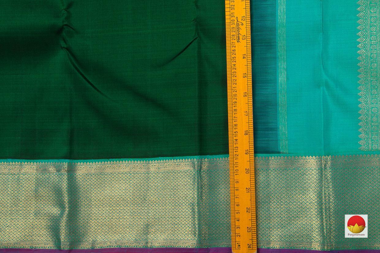 Green Kanchipuram Silk Saree With A Korvai Turquoise Blue Border Handwoven Pure Silk Pure Zari For Festive Wear PV J 850 - Silk Sari - Panjavarnam PV J 850