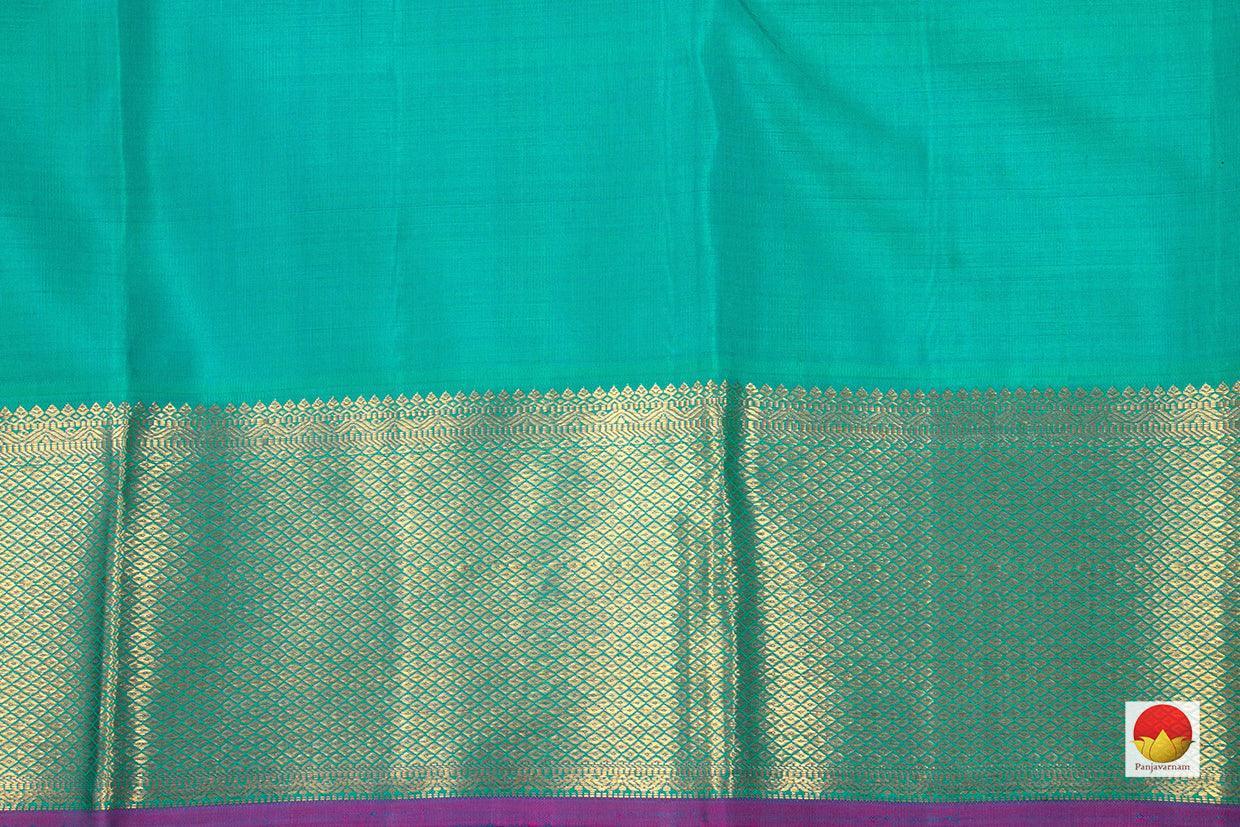 Green Kanchipuram Silk Saree With A Korvai Turquoise Blue Border Handwoven Pure Silk Pure Zari For Festive Wear PV J 850 - Silk Sari - Panjavarnam PV J 850