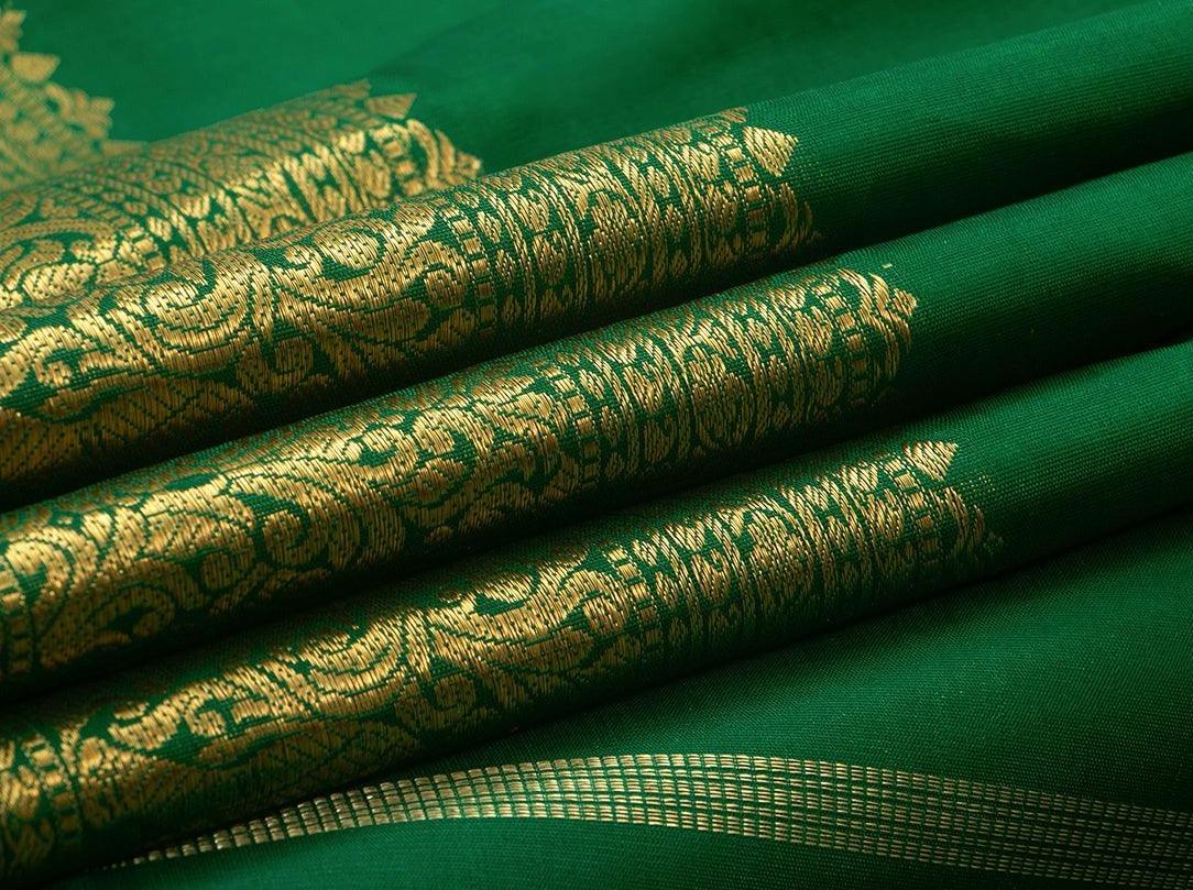 Green Kanchipuram Silk Saree With Morning Evening Border Handwoven Pure Silk Pure Zari For Wedding Wear PV NYC 779 - Silk Sari - Panjavarnam PV NYC 779