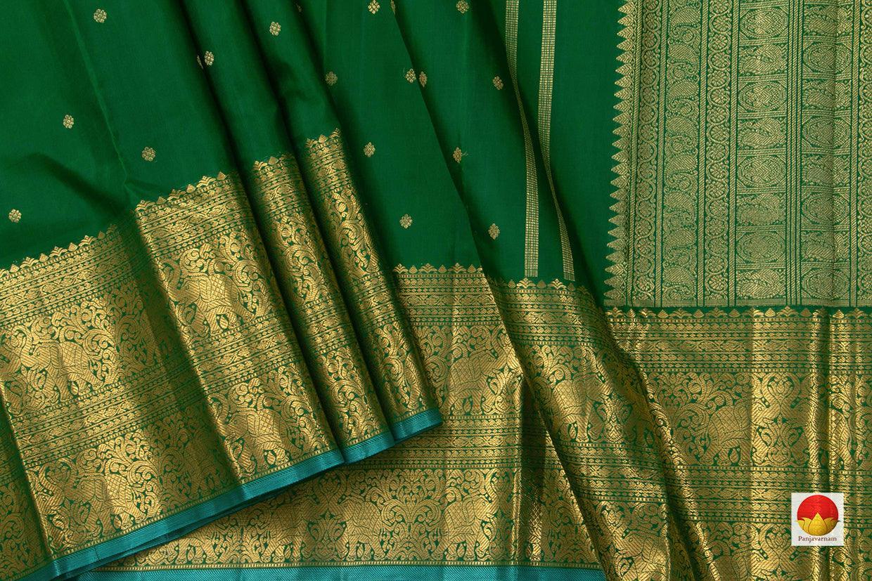 Green Kanchipuram Silk Saree With Morning Evening Border Handwoven Pure Silk Pure Zari For Wedding Wear PV NYC 779 - Silk Sari - Panjavarnam PV NYC 779