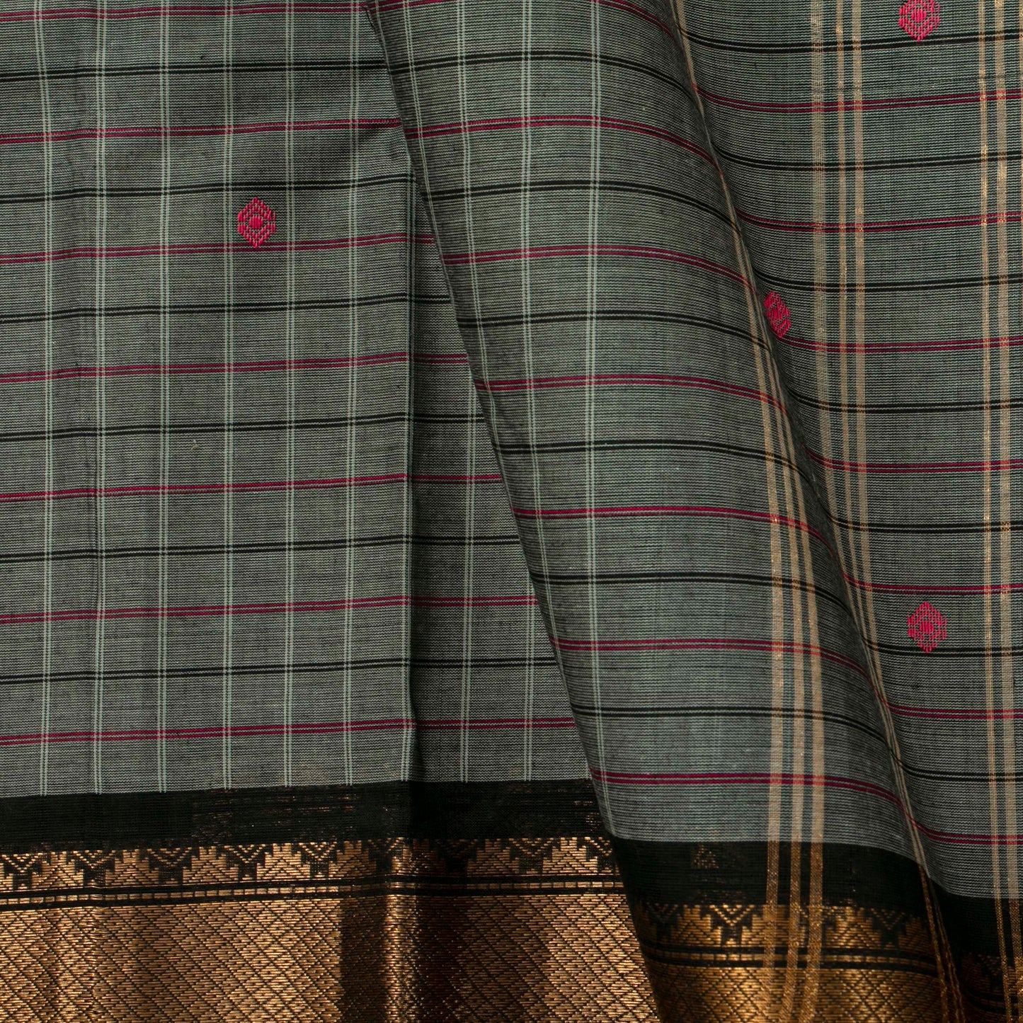 Grey And Black Kanchi Cotton Saree PV MM KC 299 - Cotton Saree - Panjavarnam PV MM KC 299