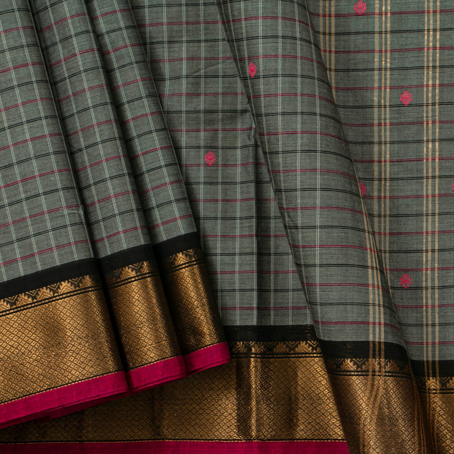 Grey And Black Kanchi Cotton Saree PV MM KC 299 - Cotton Saree - Panjavarnam PV MM KC 299