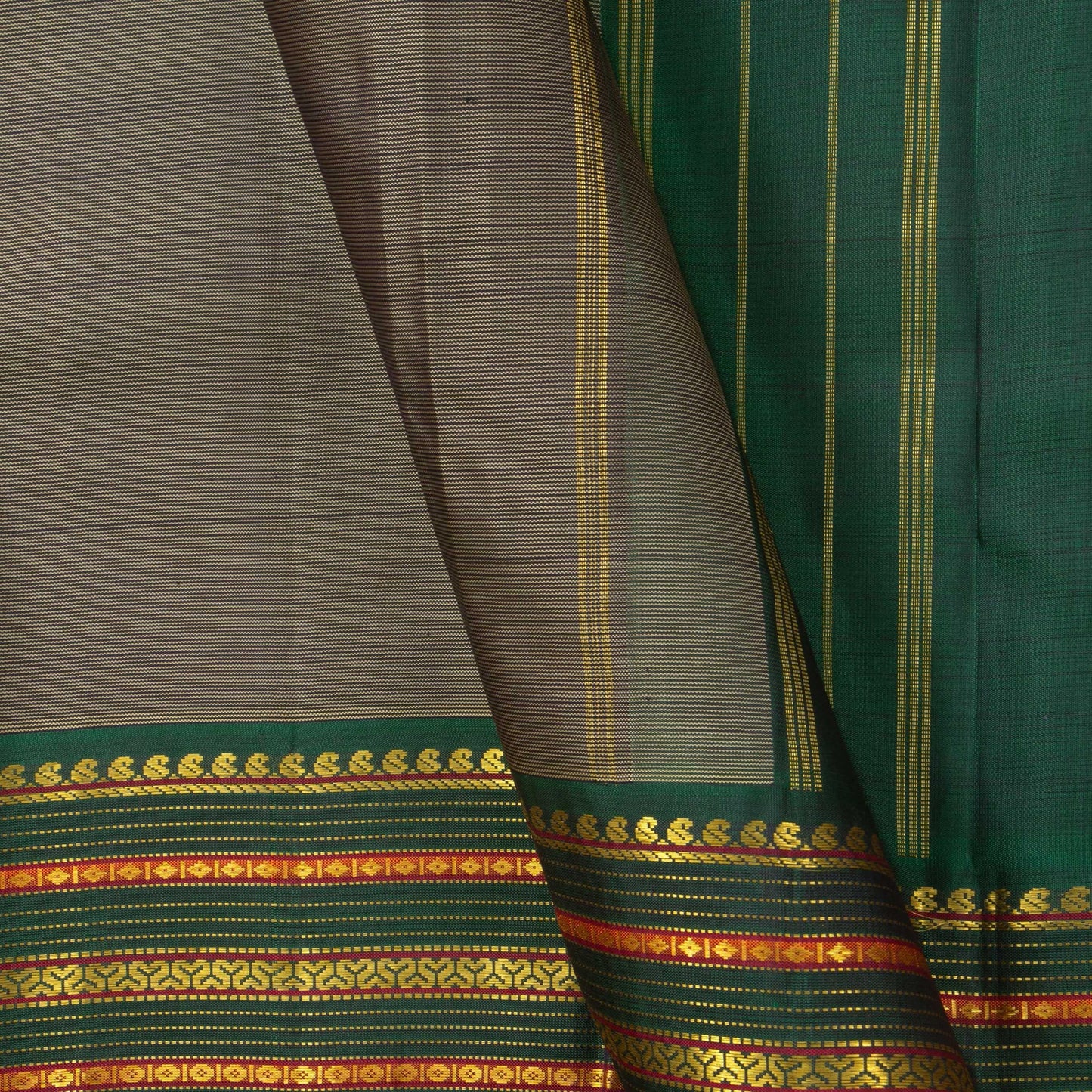 Grey And Green Kanjivaram Silk Saree With Medium Border Handwoven Pure Silk For Wedding Wear PV J 2933 - Silk Sari - Panjavarnam PV J 2933
