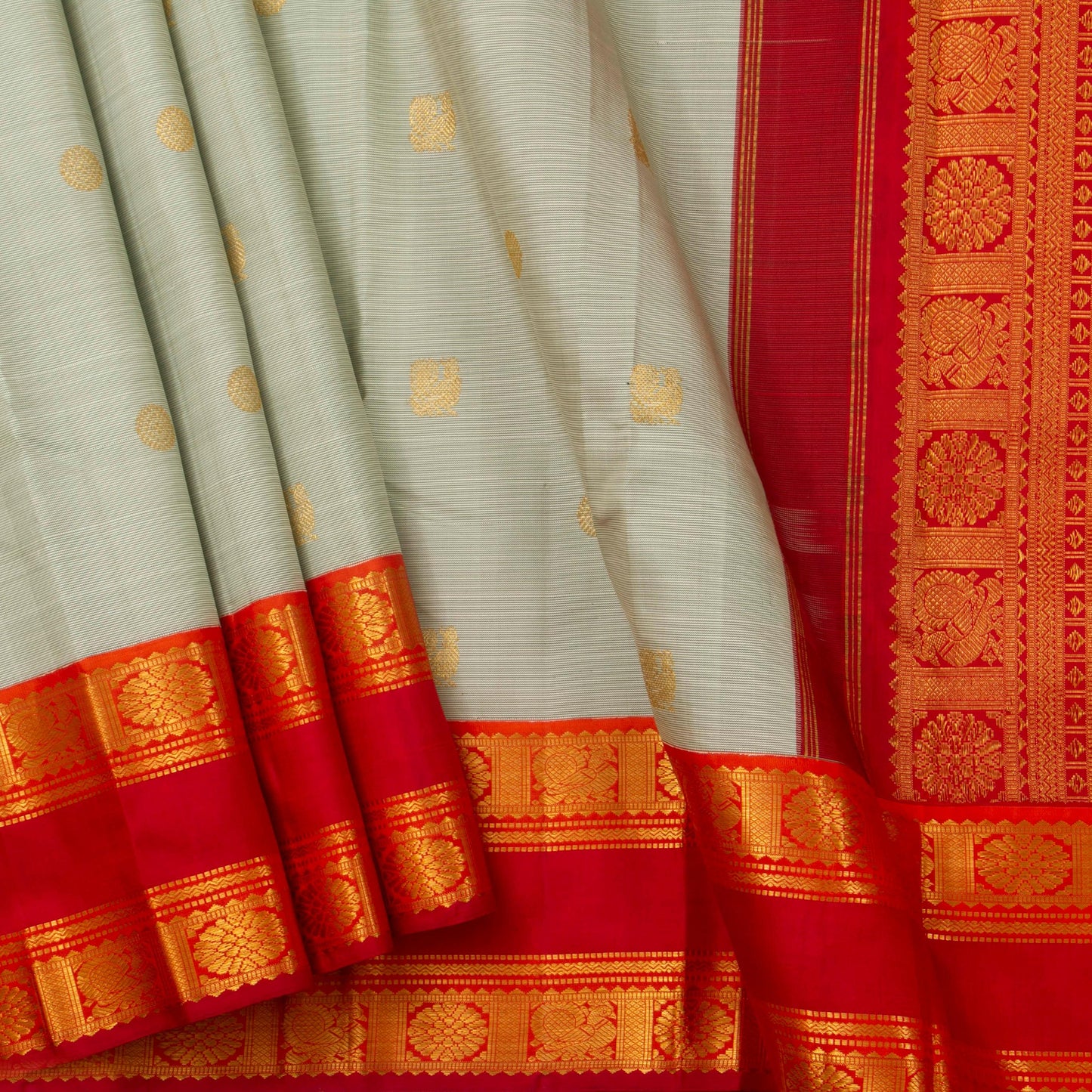 Grey And Red Kanchipuram Silk Saree With Medium Border Handwoven Pure Silk For Festive Wear PV J 4509 - Silk Sari - Panjavarnam PV J 4509