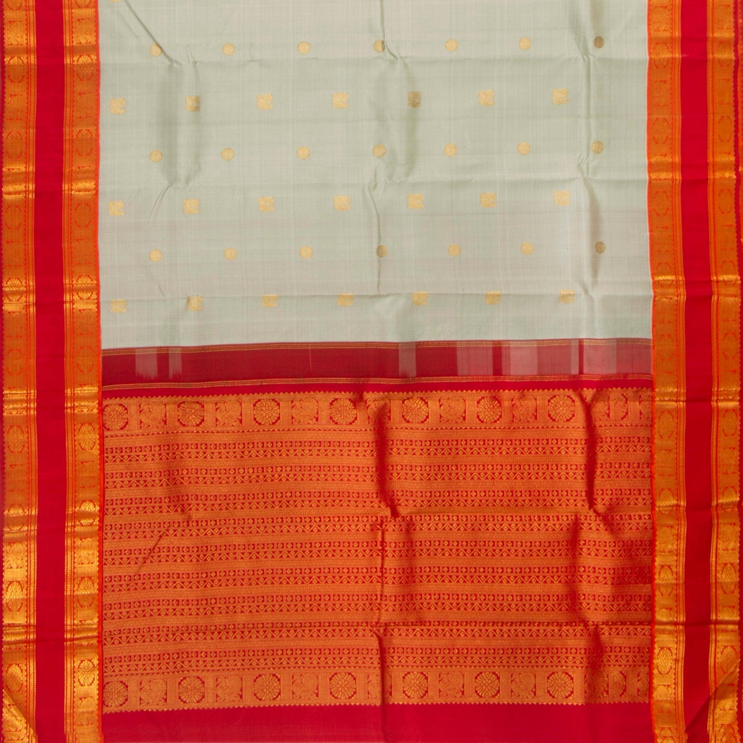 Grey And Red Kanchipuram Silk Saree With Medium Border Handwoven Pure Silk For Festive Wear PV J 4509 - Silk Sari - Panjavarnam PV J 4509