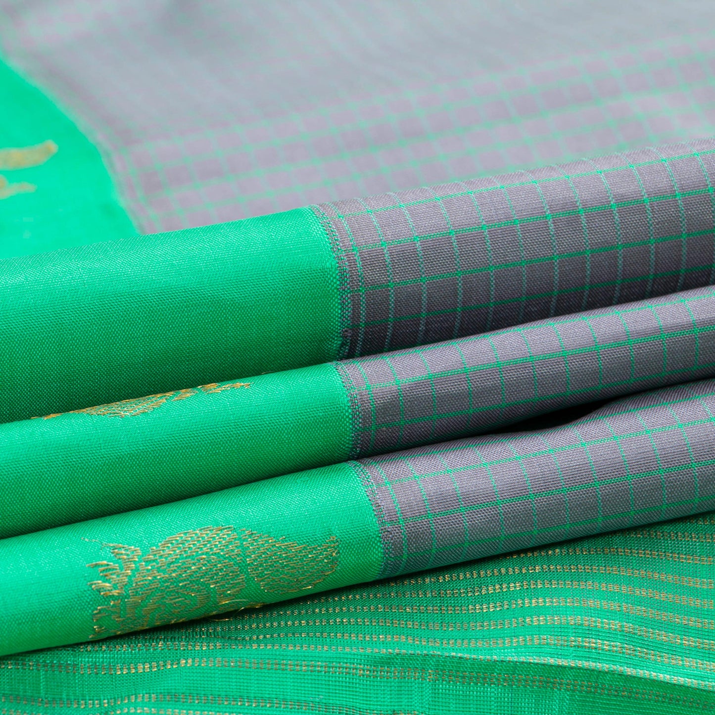 Grey And Sea Green Kanchipuram Silk Saree For Festive Wear PV NYC 1494 - Silk Sari - Panjavarnam PV NYC 1494