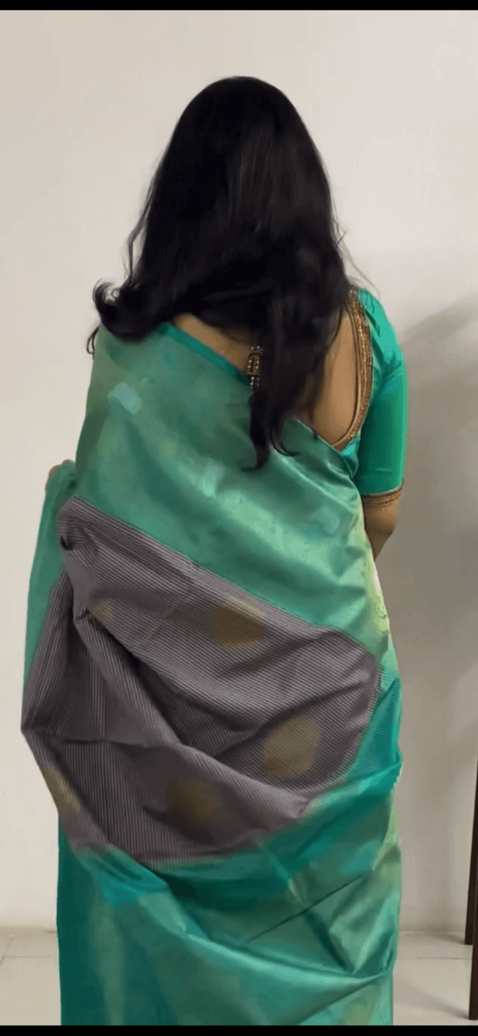 Grey And Turquoise Green Kanchipuram Silk Saree Handwoven Pure Silk Pure Zari For Party Wear PV ASB 14 A - Silk Sari - Panjavarnam PV ASB 14