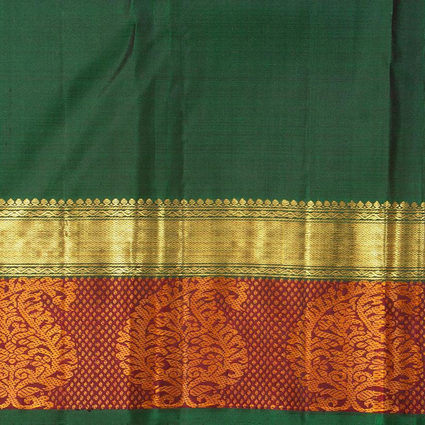 Grey Jacquard Kanchipuram Silk Saree Maroon Korvai Border Handwoven Pure Silk Pure Zari For Weddings - PV J 7026 - Silk Sari - Panjavarnam PV J 7026