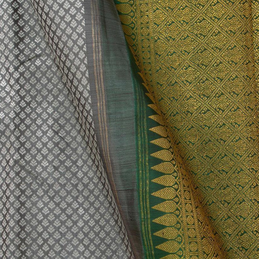 Grey Jacquard Kanchipuram Silk Saree Maroon Korvai Border Handwoven Pure Silk Pure Zari For Weddings - PV J 7026 - Silk Sari - Panjavarnam PV J 7026