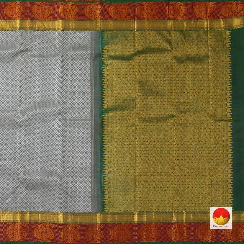Grey Jacquard Kanchipuram Silk Saree Maroon Korvai Border Handwoven Pure Silk Pure Zari For Weddings - PV J 7026 - Silk Sari - Panjavarnam PV J 7026