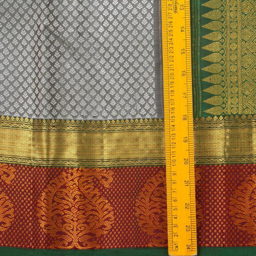 Grey Jacquard Kanchipuram Silk Saree Maroon Korvai Border Handwoven Pure Silk Pure Zari For Weddings - PV J 7026 - Silk Sari - Panjavarnam PV J 7026
