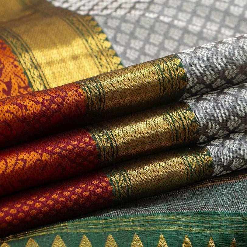 Grey Jacquard Kanchipuram Silk Saree Maroon Korvai Border Handwoven Pure Silk Pure Zari For Weddings - PV J 7026 - Silk Sari - Panjavarnam PV J 7026