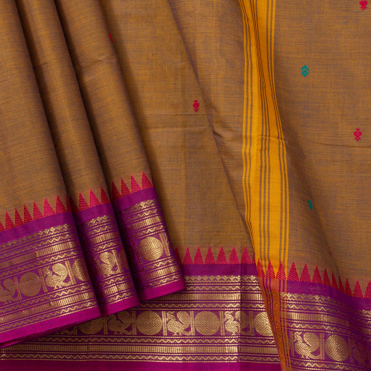 Khaki Kanchi Cotton Saree Ganga Jamuna Border PV MM KC 165 - Cotton Saree - Panjavarnam PV MM KC 165