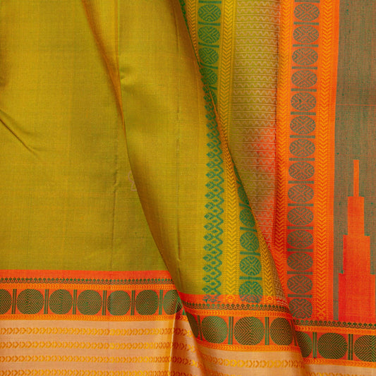 Leaf Green And Orange Non Zari Kanchipuram Silk Saree For Office Wear PV RM NZ 488 - Silk Sari - Panjavarnam PV RM NZ 488