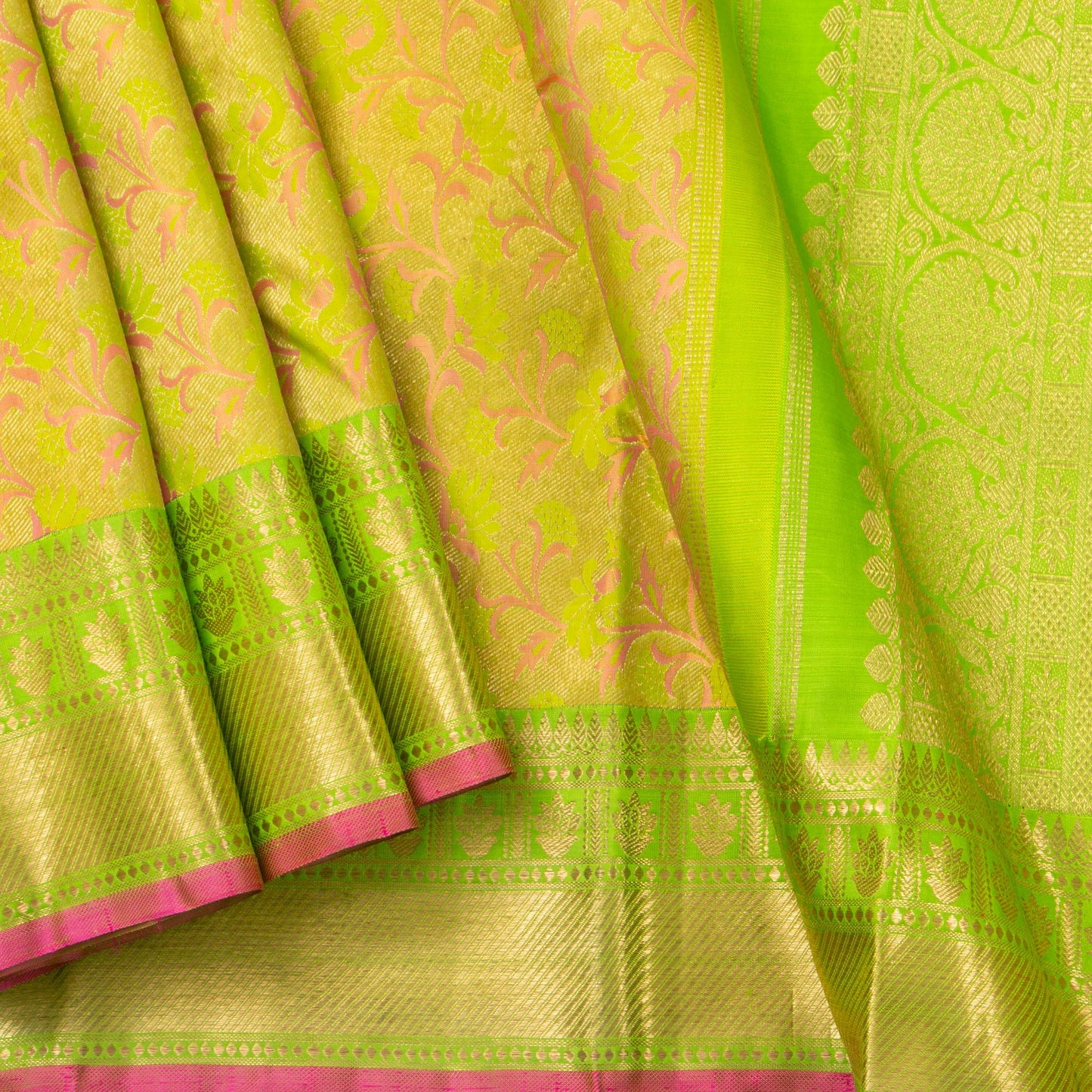 Light Green Kanchiupram Silk Saree With Pink Thread Work For Bridal Wear PPV NYC 1370 - Silk Sari - Panjavarnam PV NYC 1370