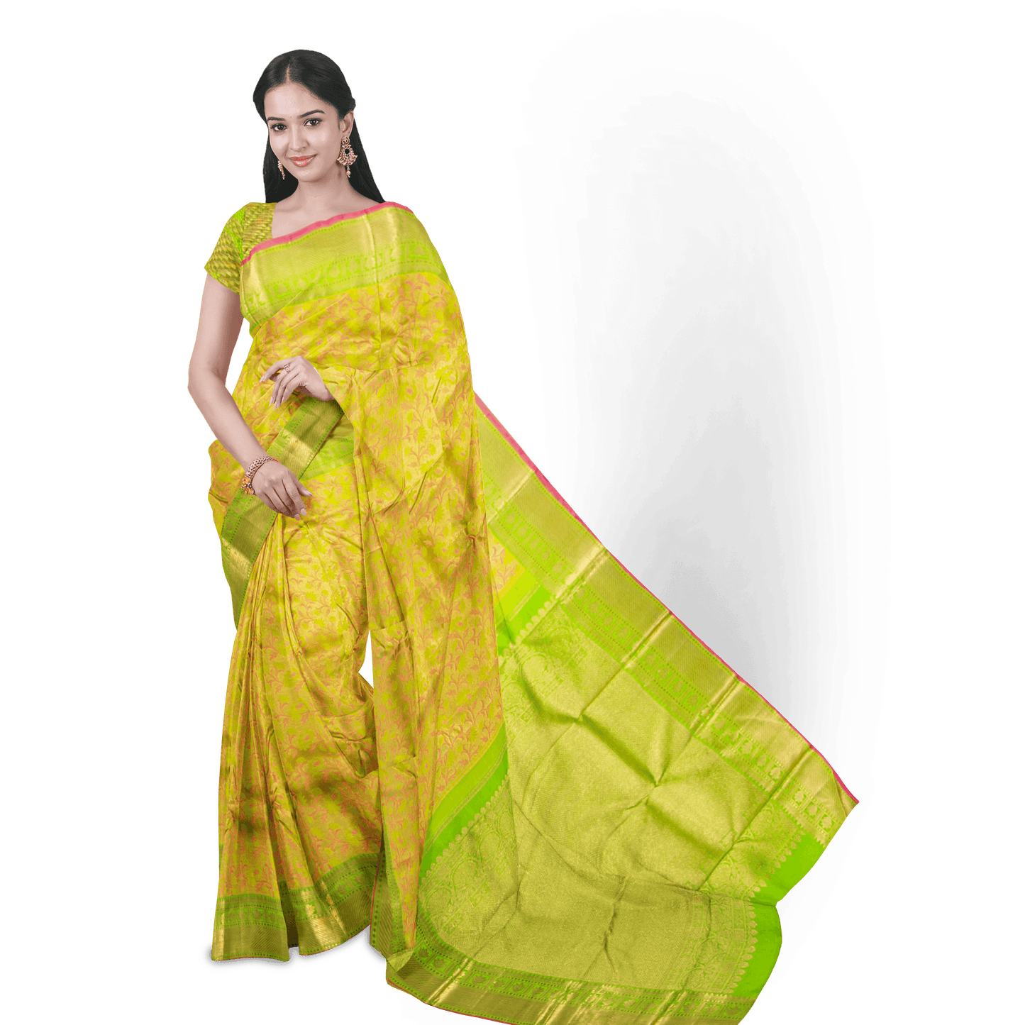 Light Green Kanchiupram Silk Saree With Pink Thread Work For Bridal Wear PPV NYC 1370 - Silk Sari - Panjavarnam PV NYC 1370
