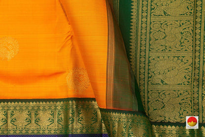 Mango Yellow And Violet Kanchipuram Silk Saree With Rettai Pettu Border Handwoven Pure Silk Pure Zari For Festive Wear PV GTA 92 - Silk Sari - Panjavarnam