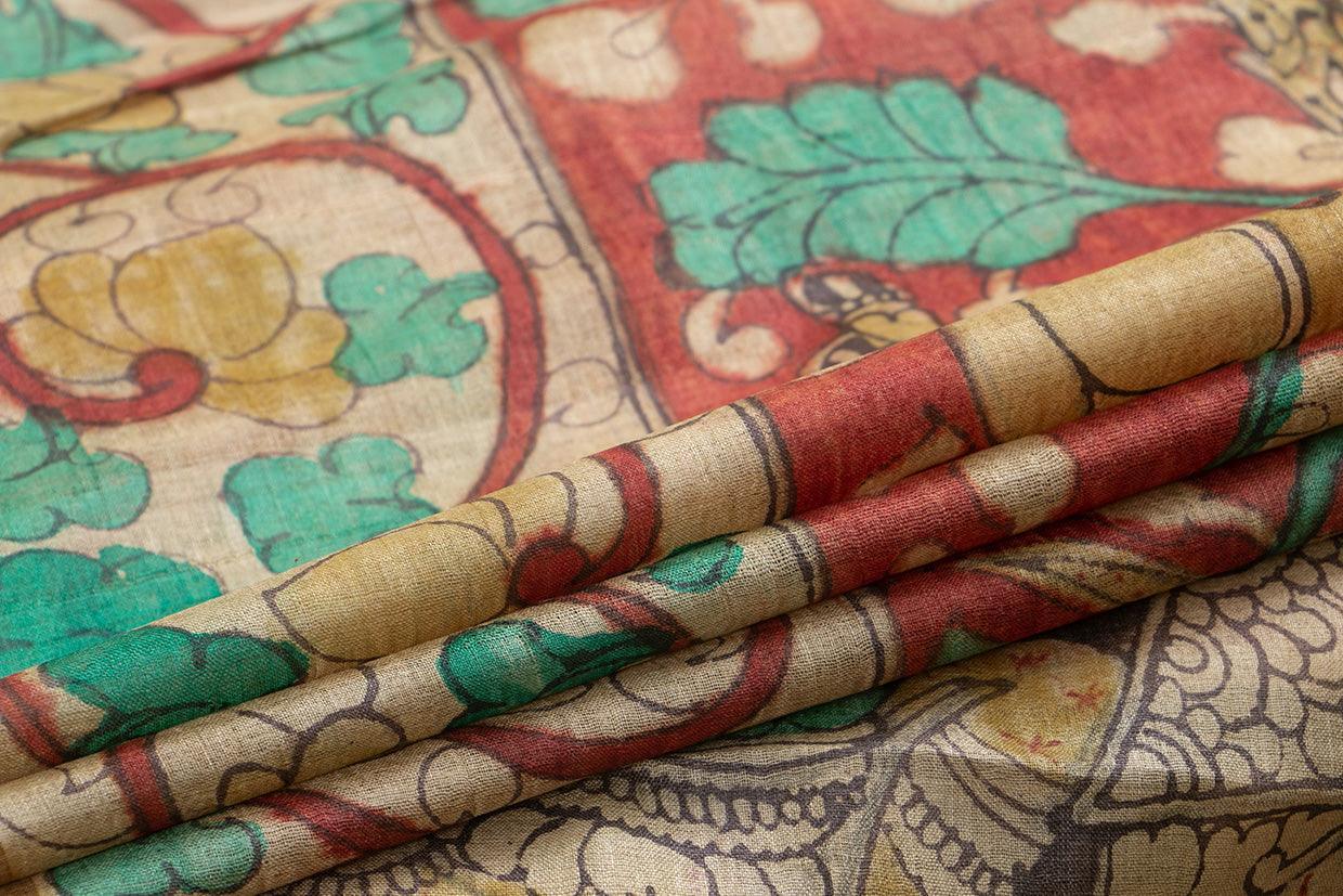 Maroon And Black Kalamkari Tussar Silk Saree Handpainted Floral Patterns Organic Vegetable Dyes PT K VSR 113 - Kalamkari Silk - Panjavarnam PT K VSR 113