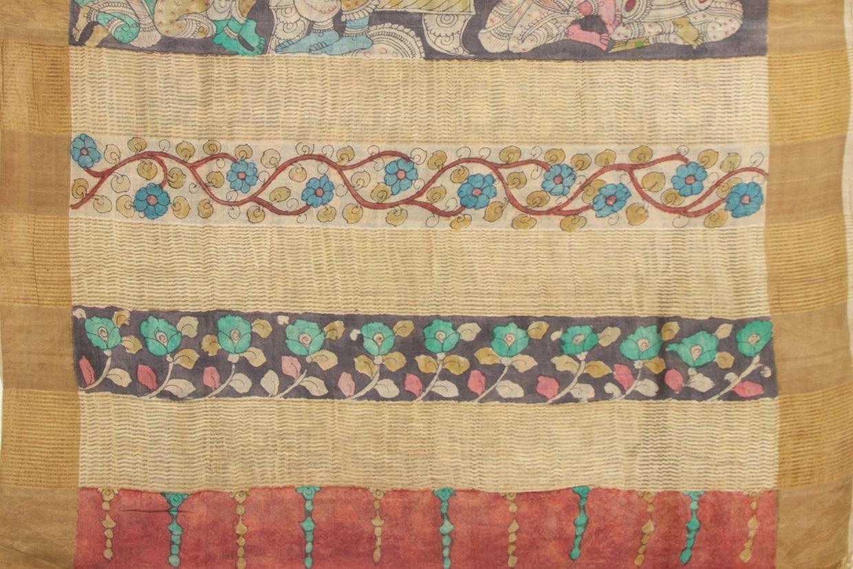 Maroon And Black Kalamkari Tussar Silk Saree Handpainted Floral Patterns Organic Vegetable Dyes PT K VSR 113 - Kalamkari Silk - Panjavarnam PT K VSR 113