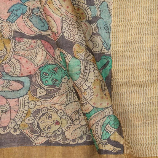 Maroon And Black Kalamkari Tussar Silk Saree Handpainted Floral Patterns Organic Vegetable Dyes PT K VSR 113 - Kalamkari Silk - Panjavarnam PT K VSR 113