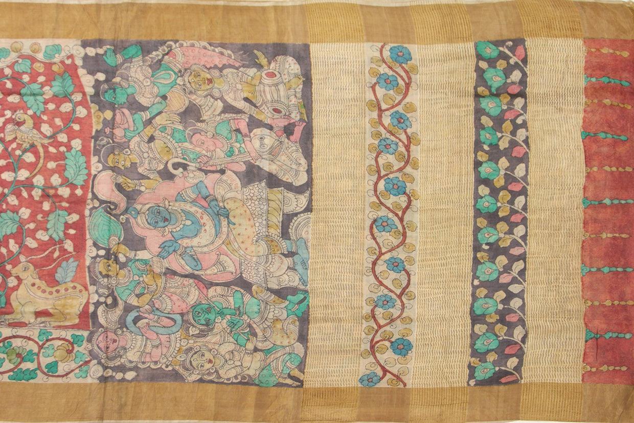 Maroon And Black Kalamkari Tussar Silk Saree Handpainted Floral Patterns Organic Vegetable Dyes PT K VSR 113 - Kalamkari Silk - Panjavarnam PT K VSR 113